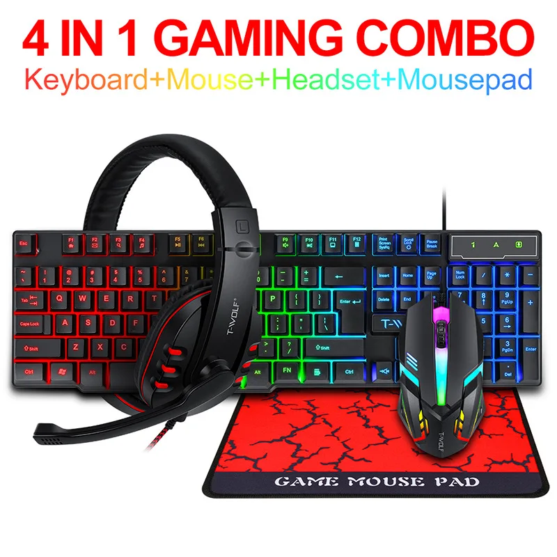 Gaming Keyboard Mouse Set - T-WOLF Game Four Piece TF800 Illuminated