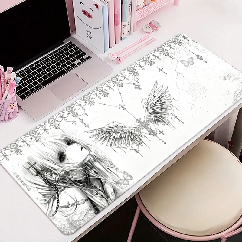 Gaming Keyboard And Mouse Pad - Leather Mousepad Black White Anime Aesthetics